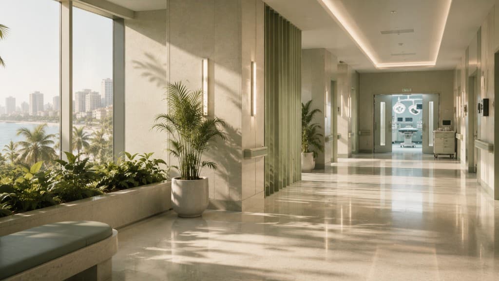 Modern hospital corridor overlooking a coastal city