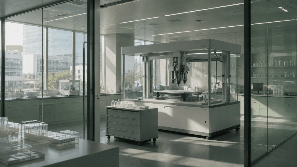 Glass-walled bioprinting suite with printer gantry